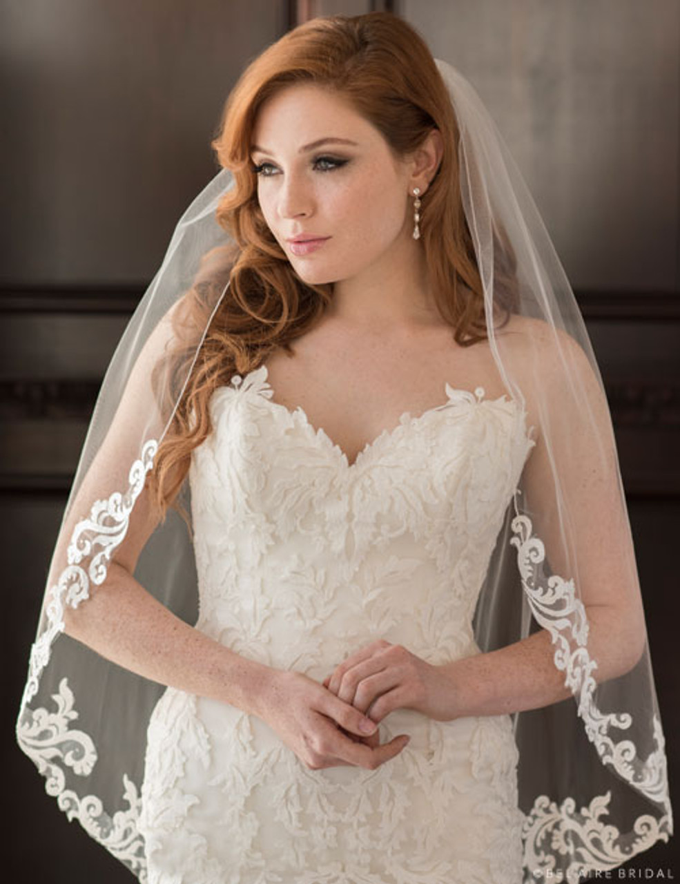 Bel Aire Wedding Veils V7357 1-tier fingertip veil with Baroque designs