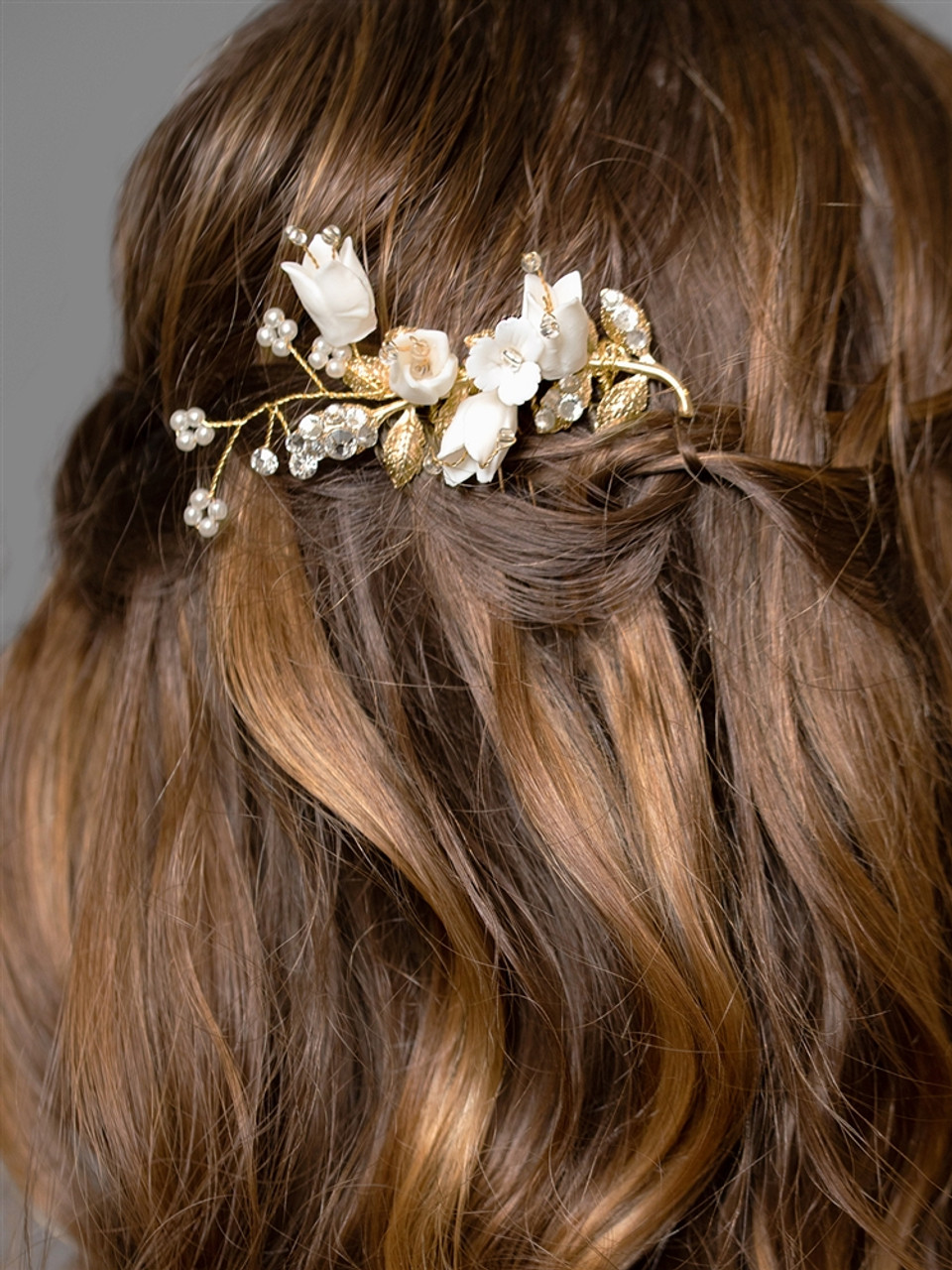 Bridal Hair Comb with Gold Leaves, Ivory Resin Flowers and Crystal Sprays 4603HC-G
