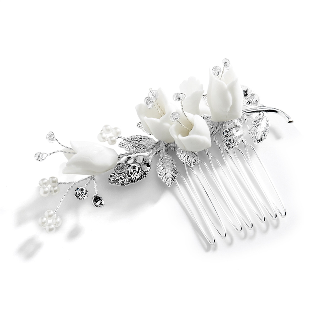 Mariell Bridal Hair Comb with Silver Leaves, White Resin Flowers and and Crystals 4603HC-S