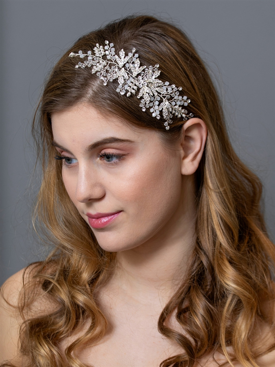 Mariell Opal Bridal Headband Vine with Clear and Opal Crystals on Ivory Ribbon 4608HB-I-S