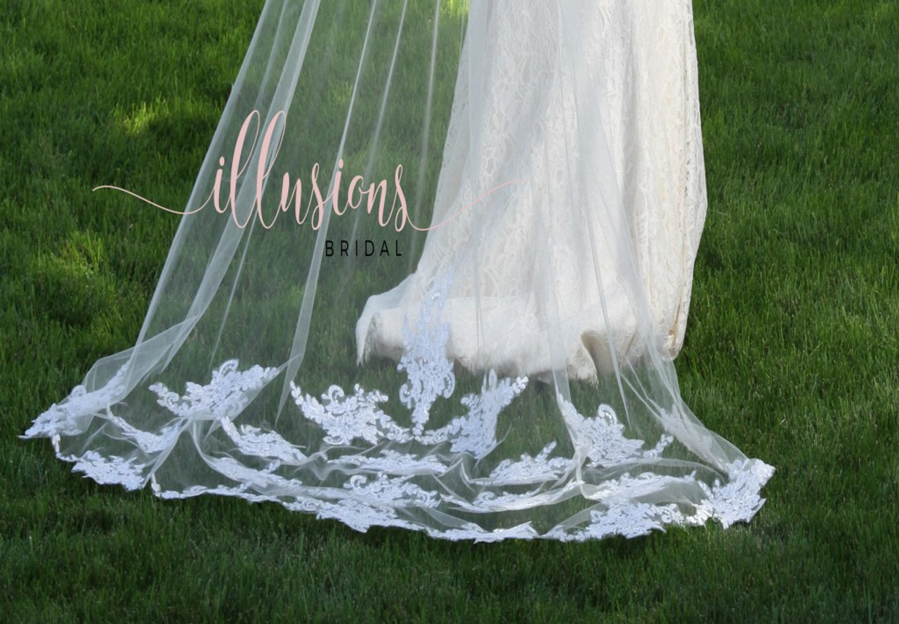 Illusions Bridal Veils Style 7-901-CT-2A - 144" Inches Long - Lace Applique Veil