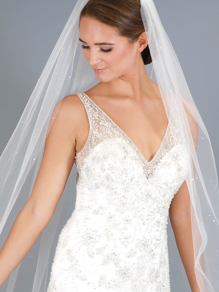 Mariell Cathedral Length Cut Edge Ivory Bridal Veil with Scattered Pearls & Crystals 4644V-I-108
