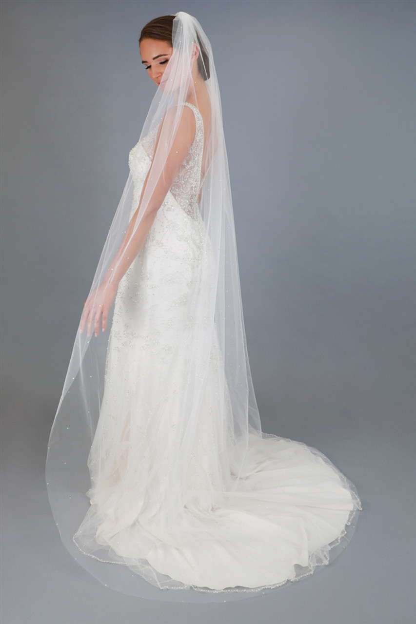 90" Chapel Length Cut Edge Ivory Bridal Veil with Scattered Pearls & Crystals
4644V-I-90