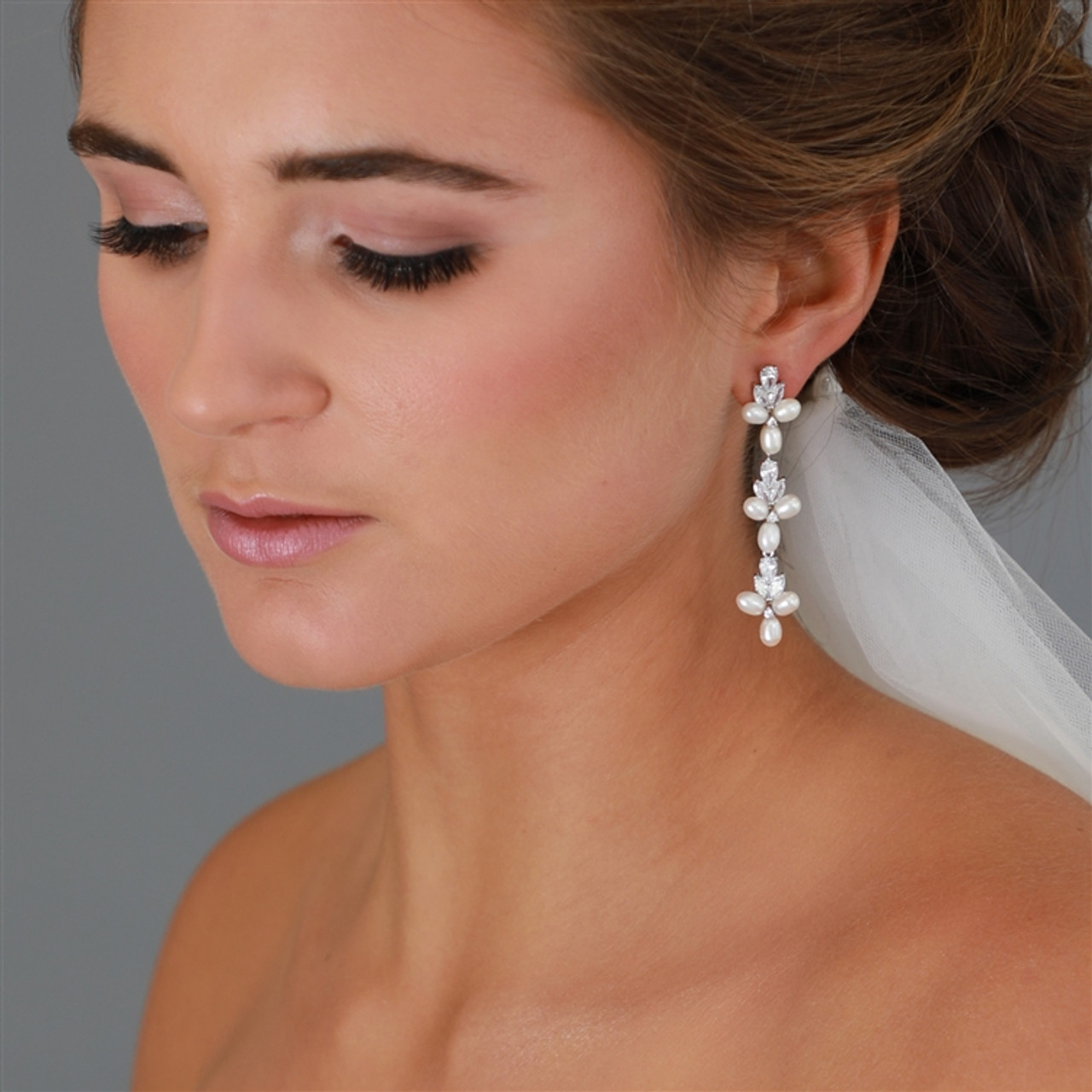 Genuine Freshwater Pearls and CZ Linear Dangle Bridal Earrings in Silver Platinum Plating 4642E-I-S