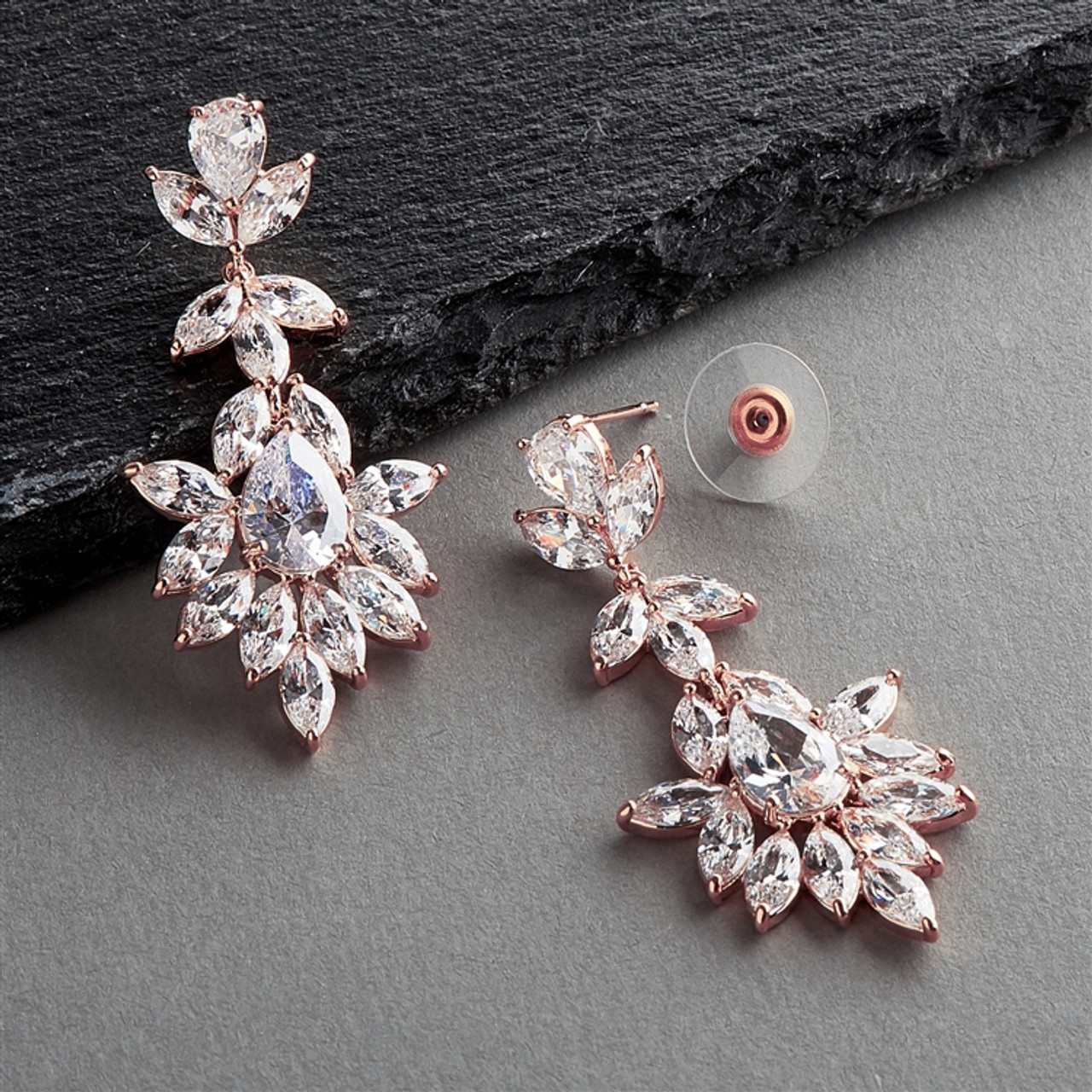 Rose Gold Plated Dangle Wedding Earrings for Brides or Bridesmaids with  Marquis & Pear CZ 4620E-RG