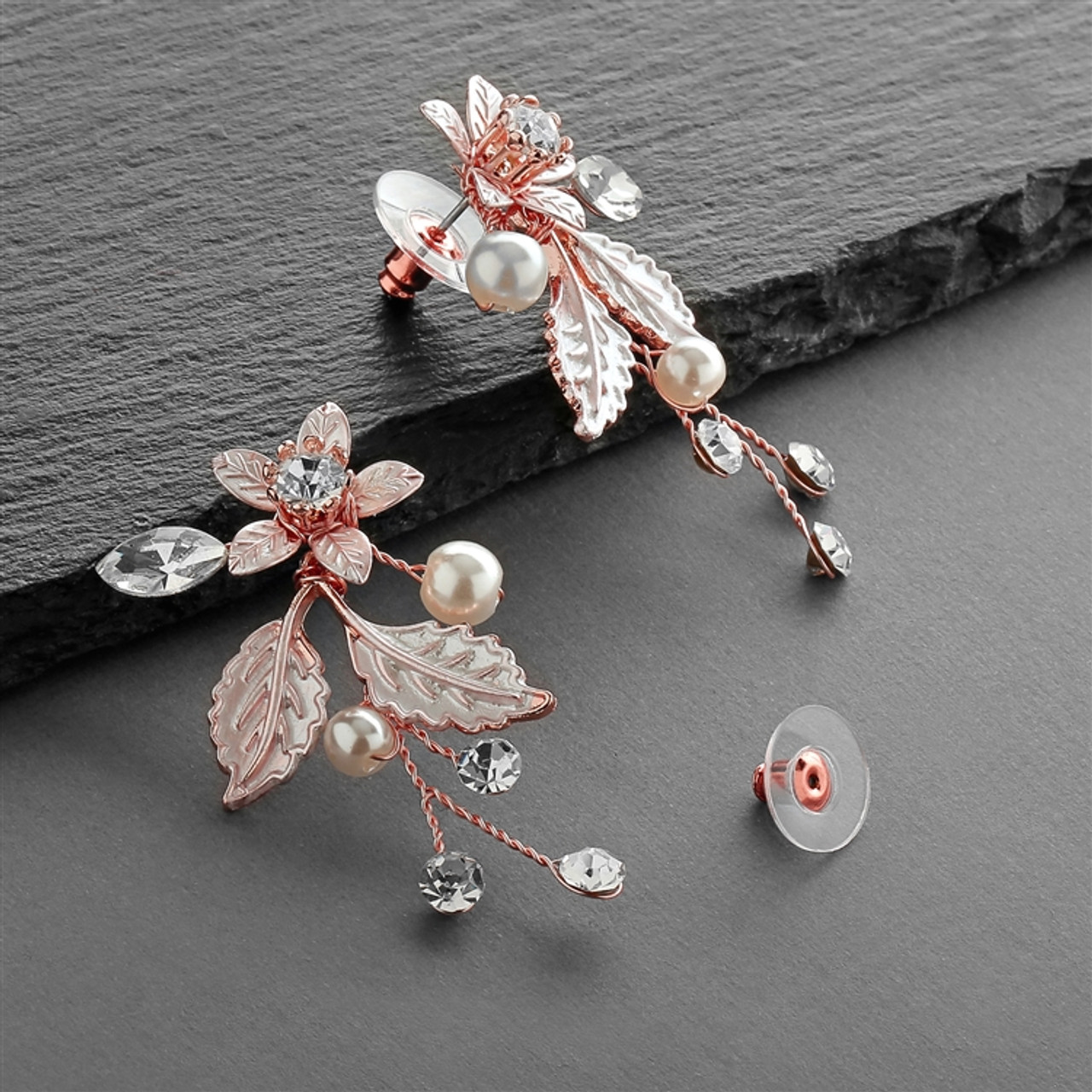 Rose Gold Vine Earrings with Crystals, Matte Silvery Leaves & Ivory Pearls 4598E-RG