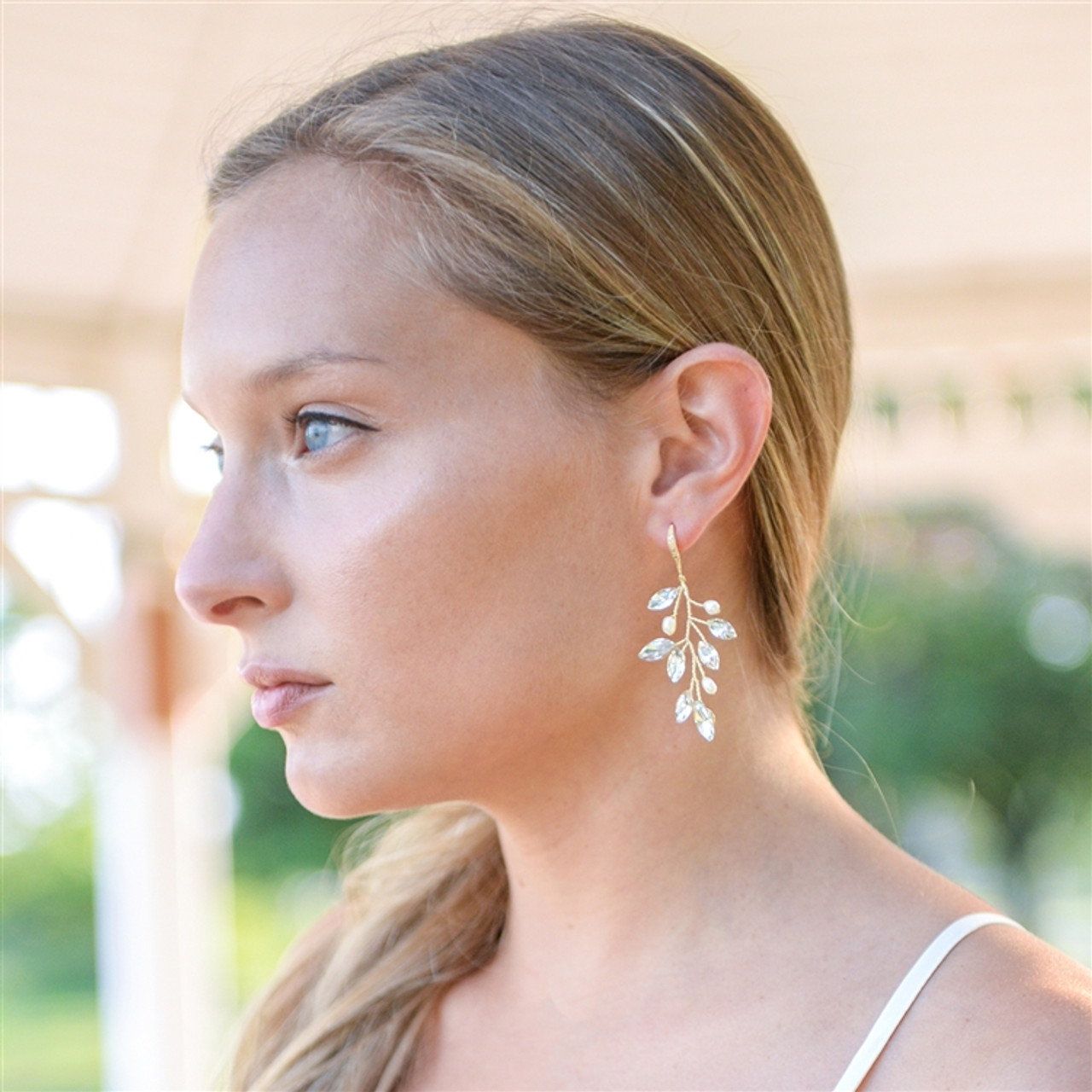 Gold Plated Crystal & Freshwater Pearl Vine Bridal Earrings 4597E-G
