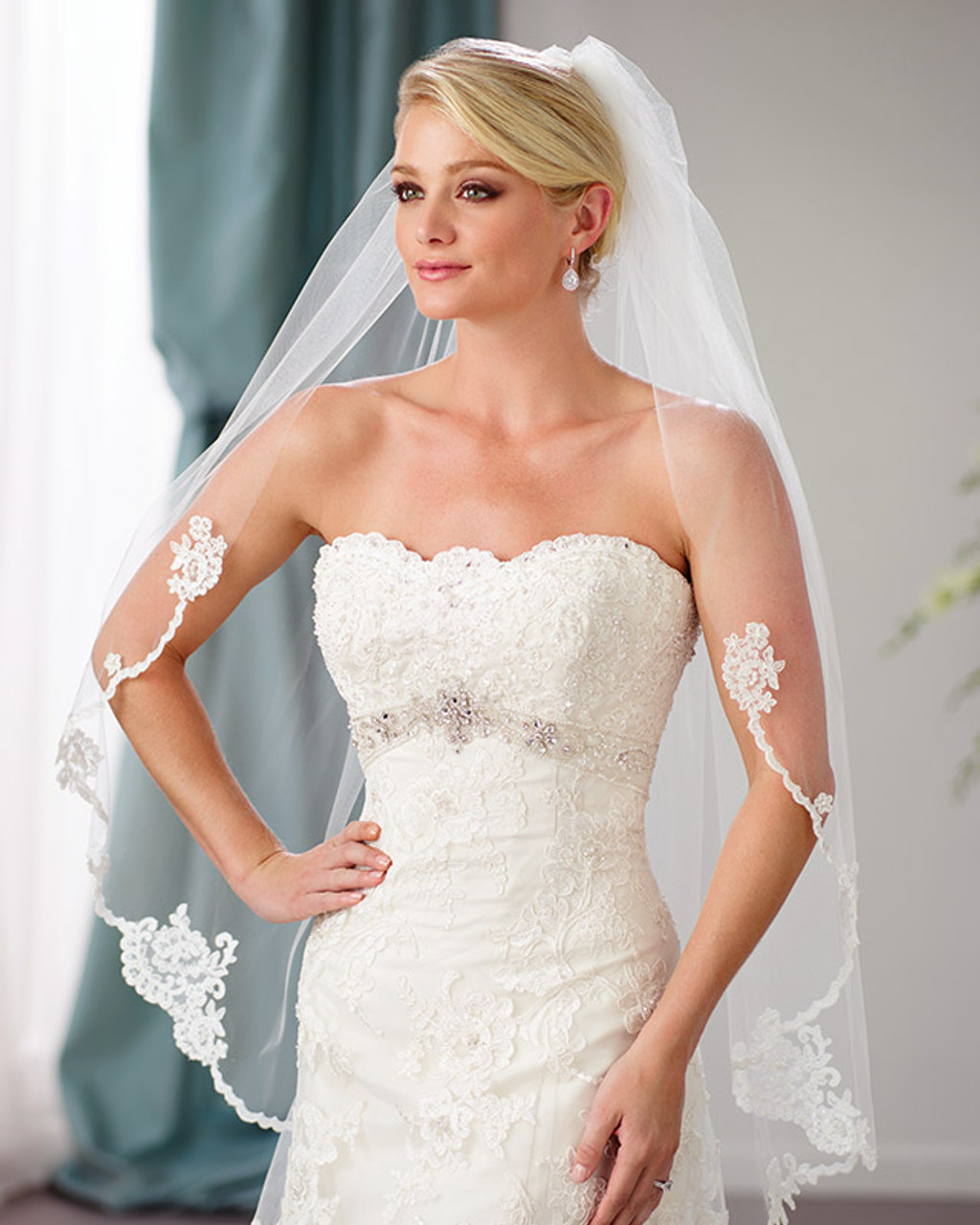 Cathedral Drop Veil with Lace Trim & Blusher, White/ Off White/ Ivory Lace  Wedding Veil