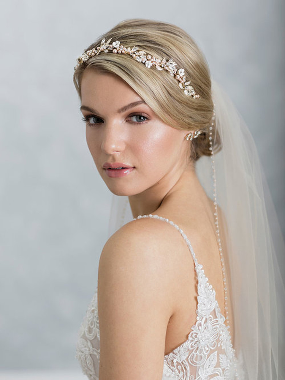 Bel Aire Bridal 6988 - Headband of porcelain buds and champagne pearls