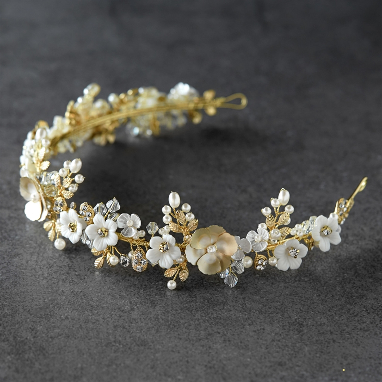 Matte Gold Floral Bridal Wedding Tiara Crown with Porcelain Flowers &  Freshwater Pearls 4633T-I-G