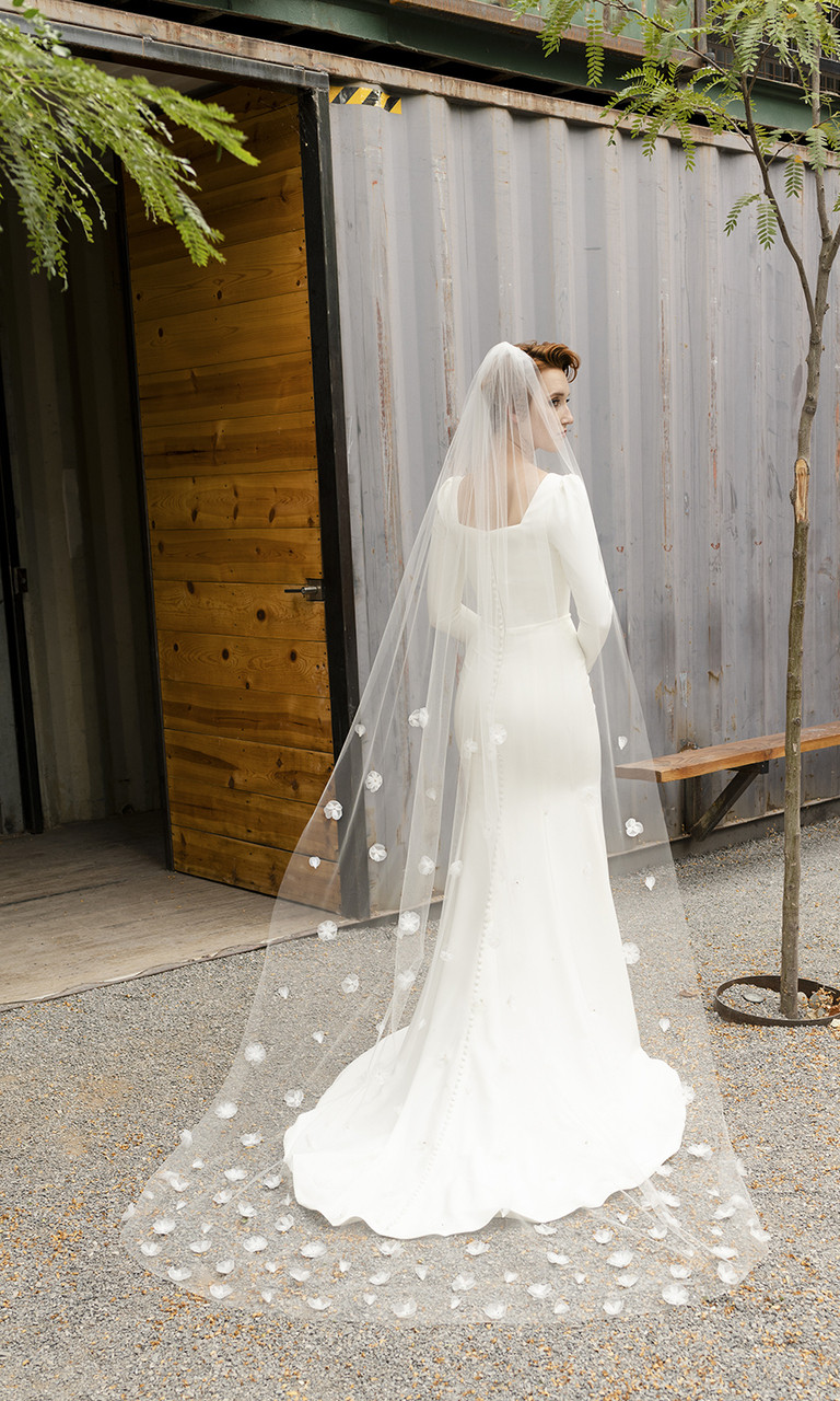 Cathedral Veil with 1/8 Satin Ribbon Trim |  White / 108 Inches