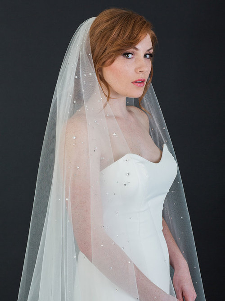 Bel Aire Bridal Veil V7444C Foldover cathedral veil with dramatic stardust rhinestone design