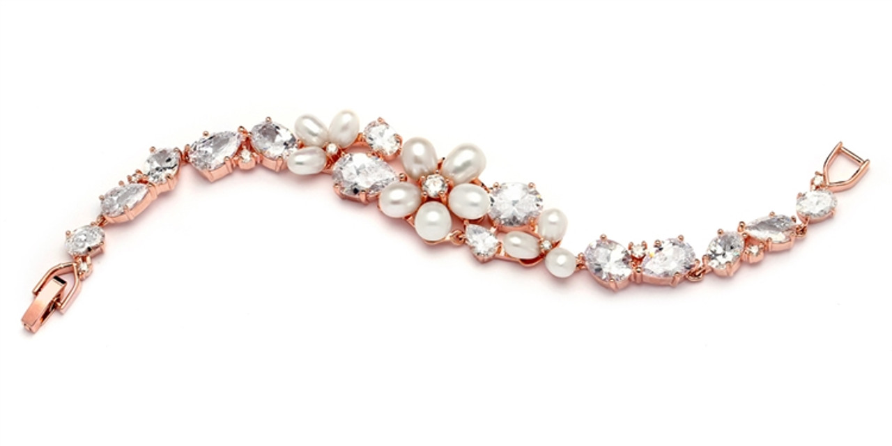 Mariell Rose Gold CZ Statement Bracelet with Genuine Freshwater Pearls 4430B-I-RG