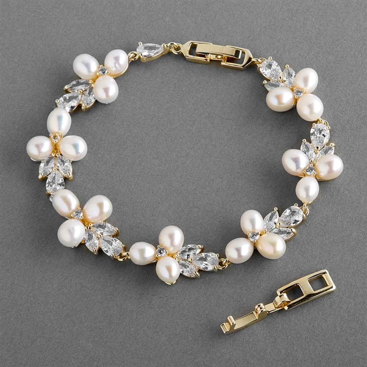 Mariell Genuine Freshwater Pearl & CZ 7 1/8" Gold Wedding Bracelet with Extender 4642B-I-G-7