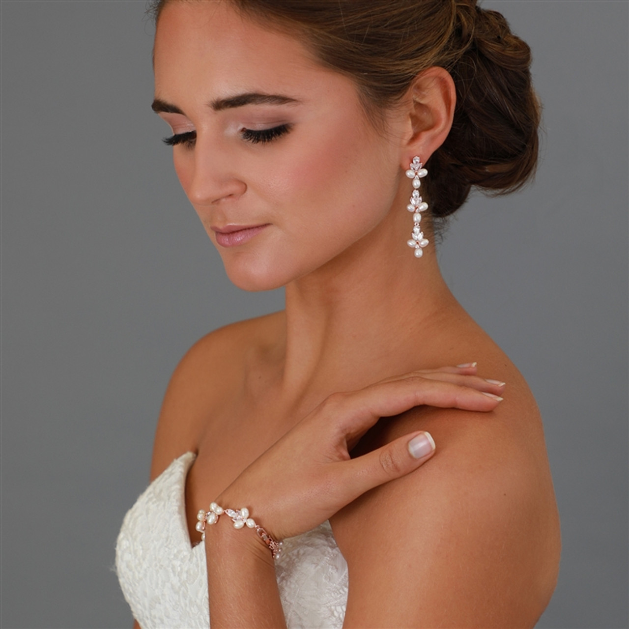 Mariell Genuine Freshwater Pearl & CZ Rose Gold 7 1/8" Wedding Bracelet Plus Extender 4642B-I-RG-7