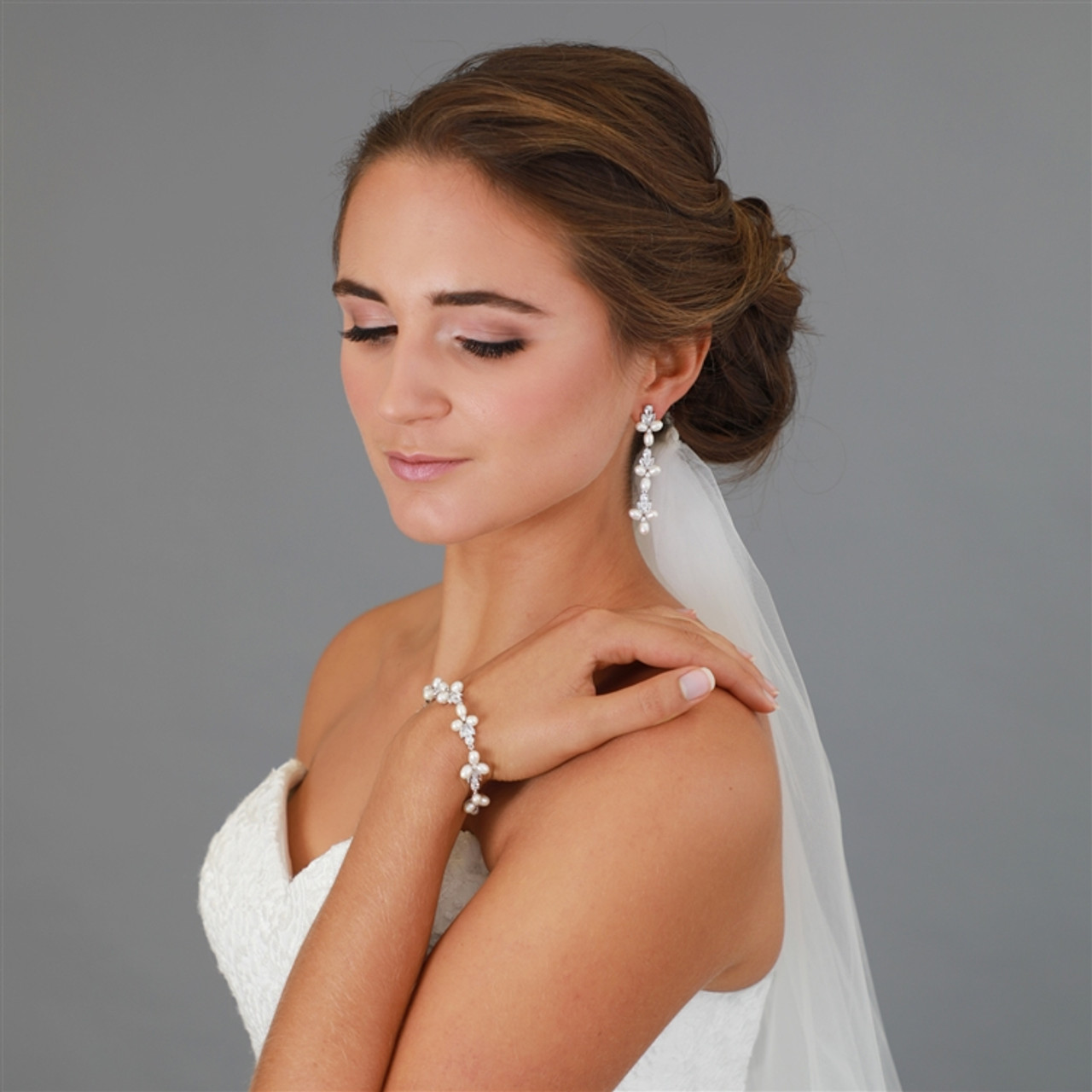 Mariell Genuine Freshwater Pearl & CZ Silver Platinum 7 1/8" Bridal Bracelet with Extender 4642B-I-S-7