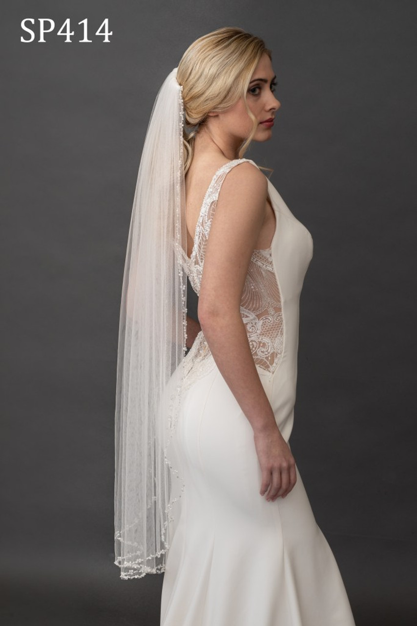Giselle Bridal Veil Style SP414 -42” x 60” width: crystal, pearl, bugle, sequin beaded edge, soft tulle