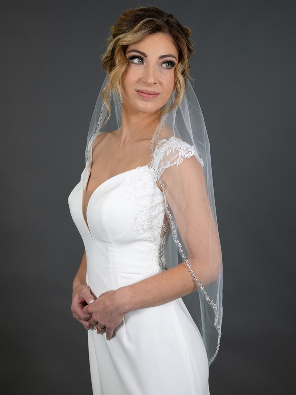 Mariell Cathedral Bridal Veil Edged with Crystals, Pearl & Bugle Beads