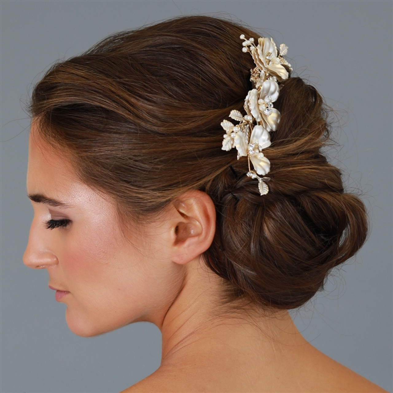 Mariell Bridal Opulent Multi Layer Matte Gold Floral Wedding Comb with Ivory Pearls and Crystal Accents 4643HC-G