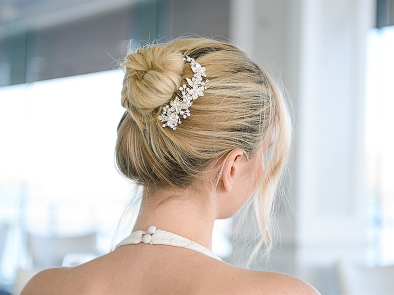 Mariell Bridal Brushed Silver and White Pearl Wedding Comb H001-W-S