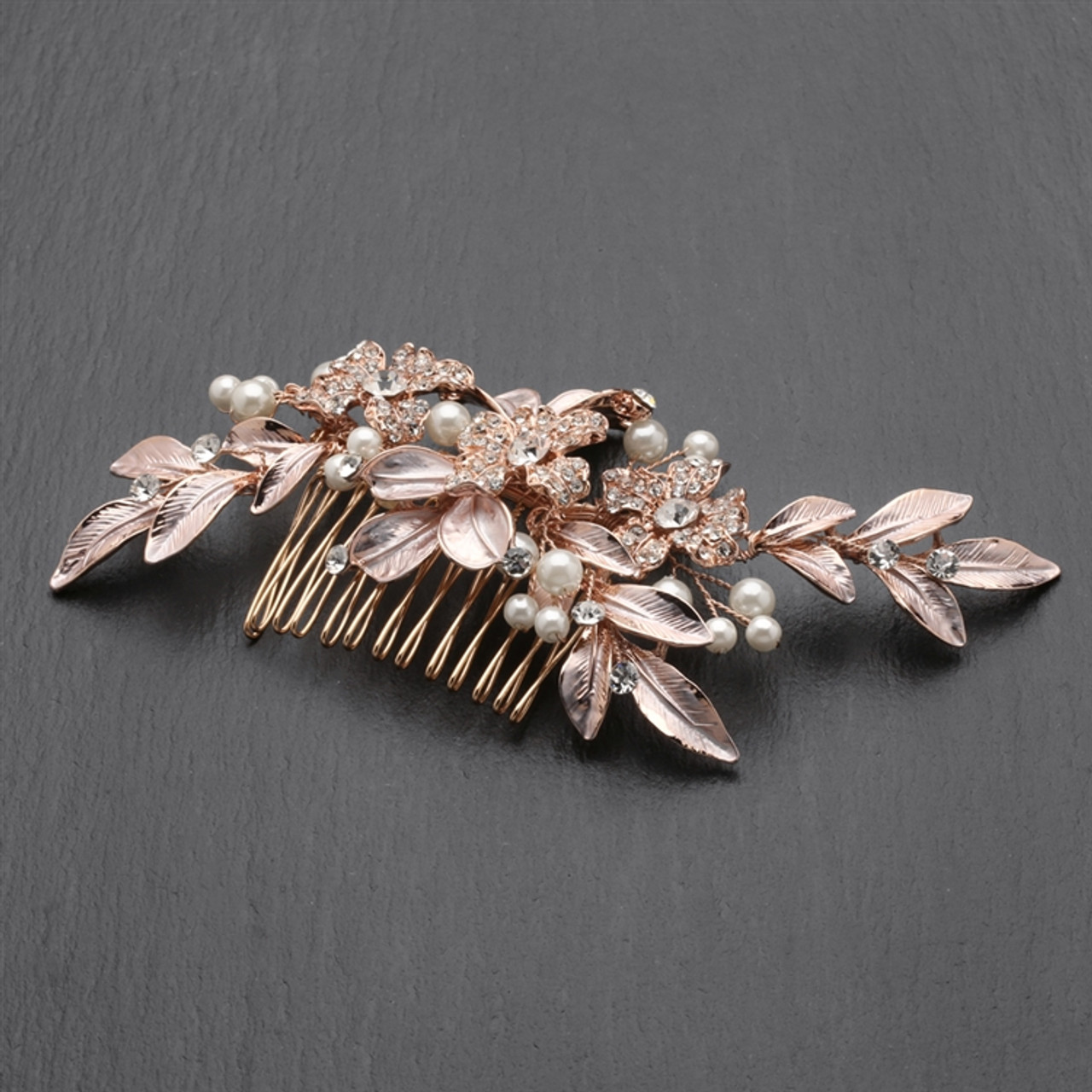Mariell Bridal Designer Bridal Hair Comb with Hand Painted Rose Gold Leaves and Pave Crystals 4437HC-I-RG