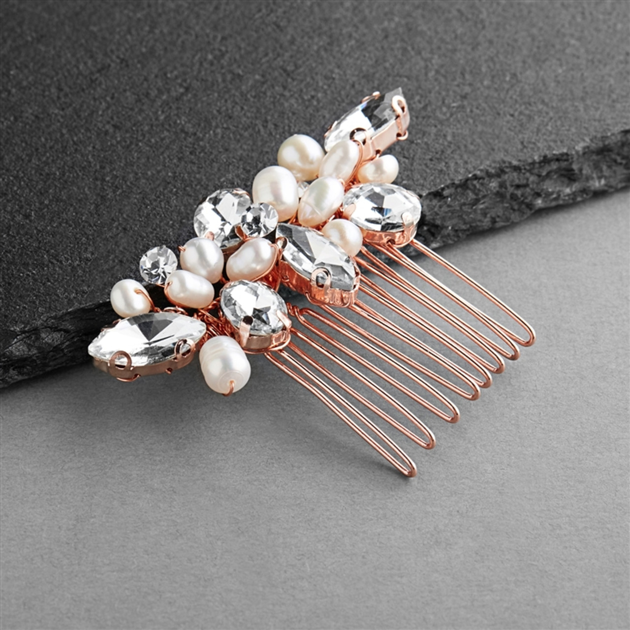 Mariell Bridal Rose Gold Freshwater Pearl & Crystal Cluster Bridal, Prom or Bridesmaids Comb 4602HC-RG
