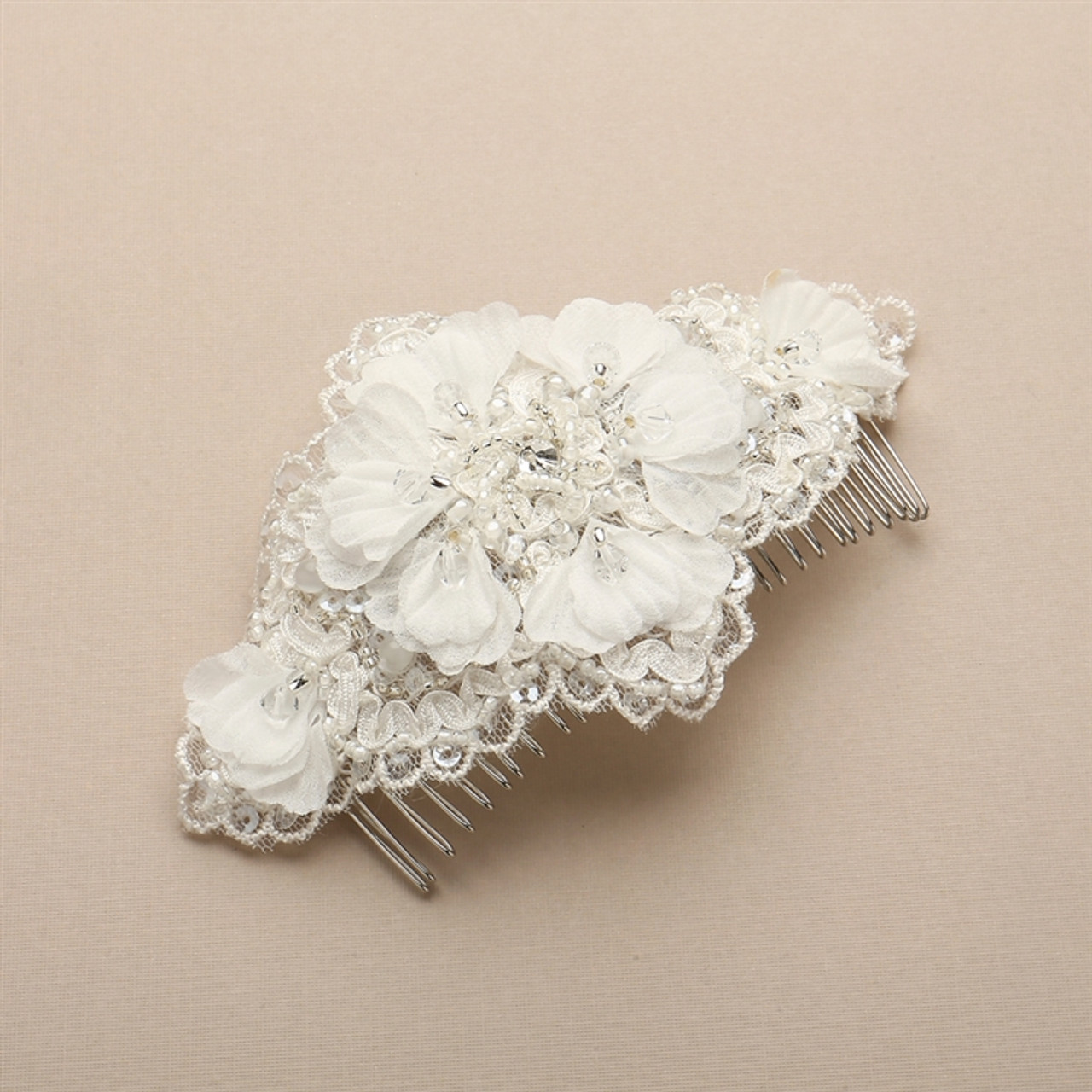 Mariell Bridal Ivory Crystal Lace Bridal Comb with Delicate Crepe Petals 4485HC-I