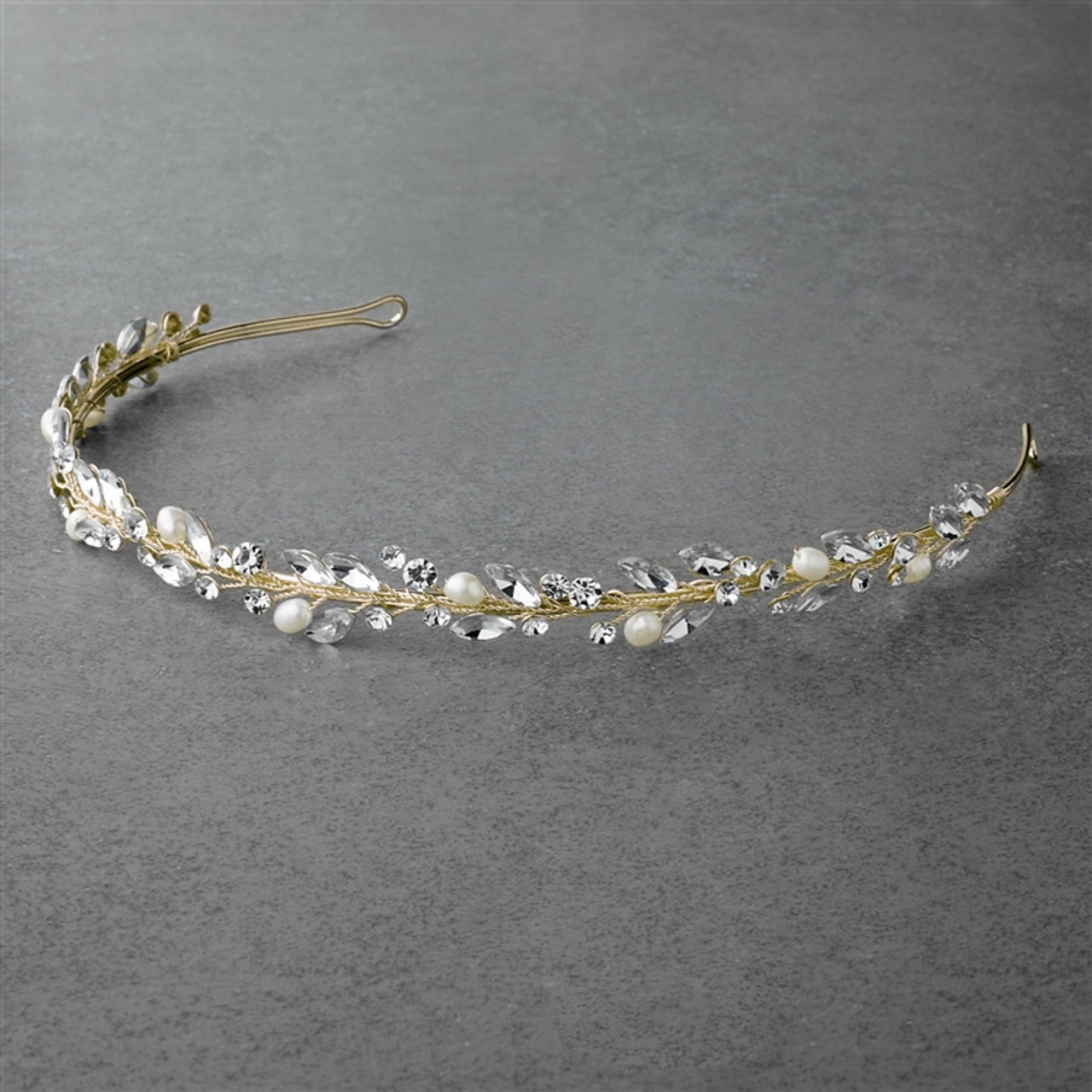Handmade Light Gold Bridal Headband Tiara with Genuine Freshwater Pearls & Crystals 4624T-I-LTG