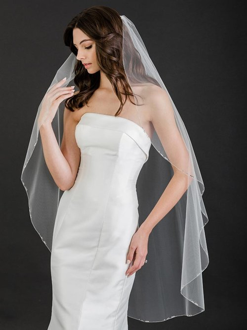 Bel Aire Bridal Veils V7602 - 1-Tier Cascading Knee Length with Silver Edge  + Rhinestones