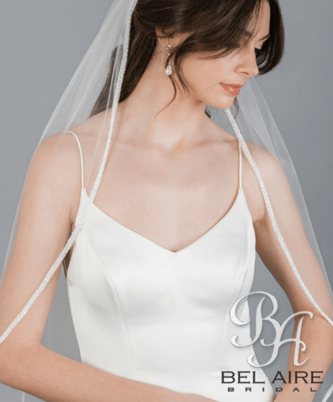 Bel Aire Bridal Veils V7680 - 1-tier fingertip veil with Chevron Diagonal frosted bead edge 