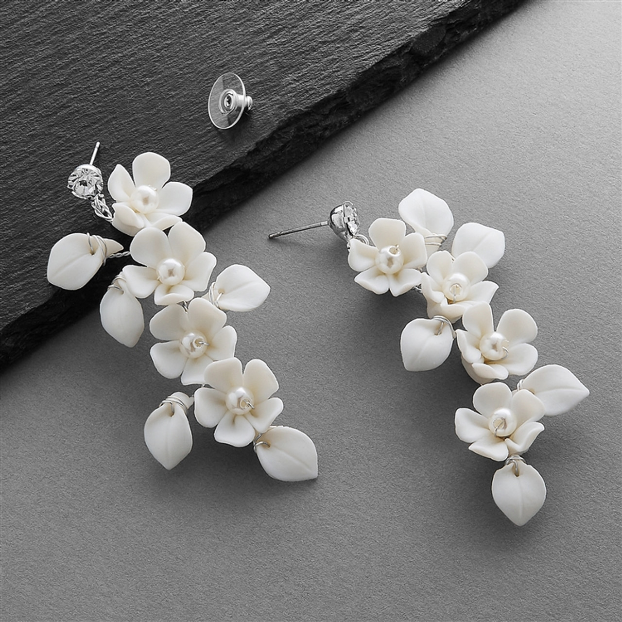 White Flower Petals Pearl Earrings, Long Bridal Jewelry Bridal Earring –  TheMillenniumBride