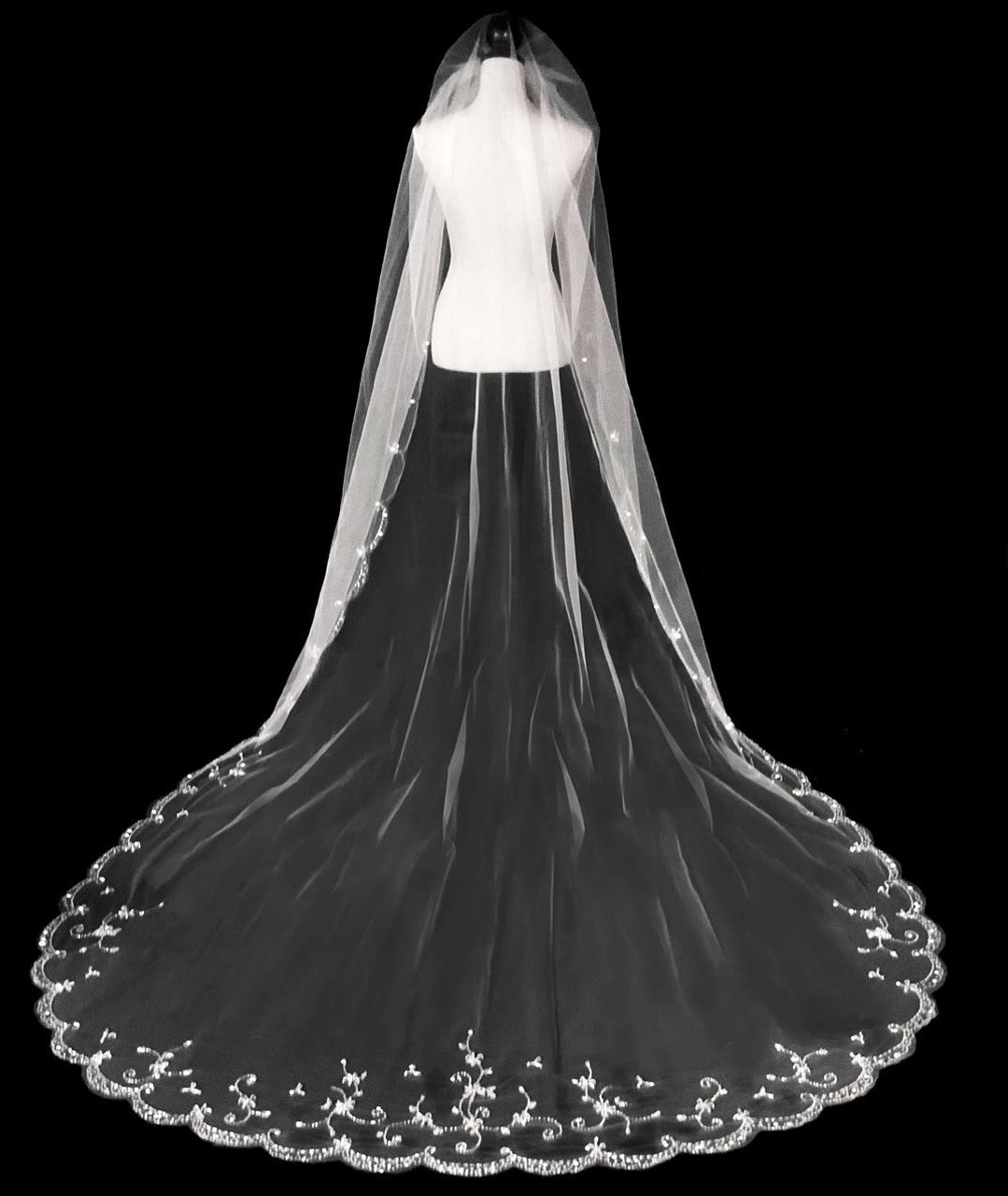 120x72 - Royal Length, Luxurious Hand Crafted Floral Design Veil - Bead & Sequins - Fast Ship