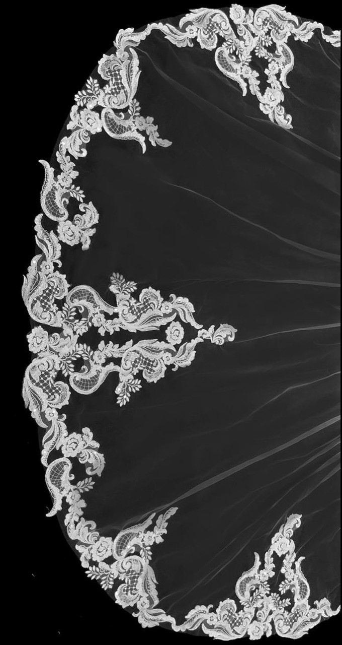 120x90 - Luxurious, Royal Length, French Alencon Lace Veil - Rhinestones & Clear Sequins - Fast Ship