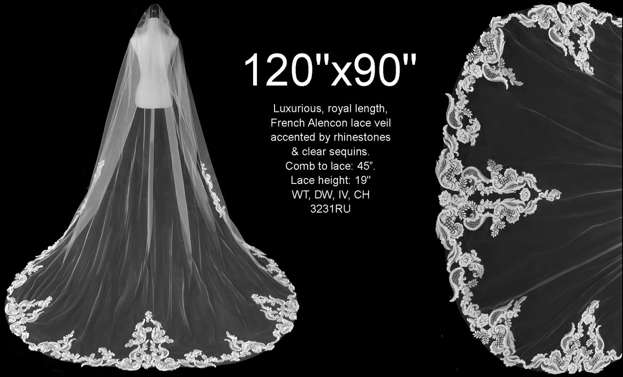 120x90 - Luxurious, Royal Length, French Alencon Lace Veil - Rhinestones & Clear Sequins - Fast Ship