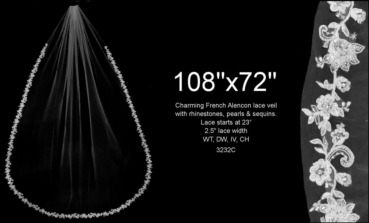 108x72 - Charming French Alencon Lace Veil With Rhinestones - Pearls & Sequins - Fast Ship