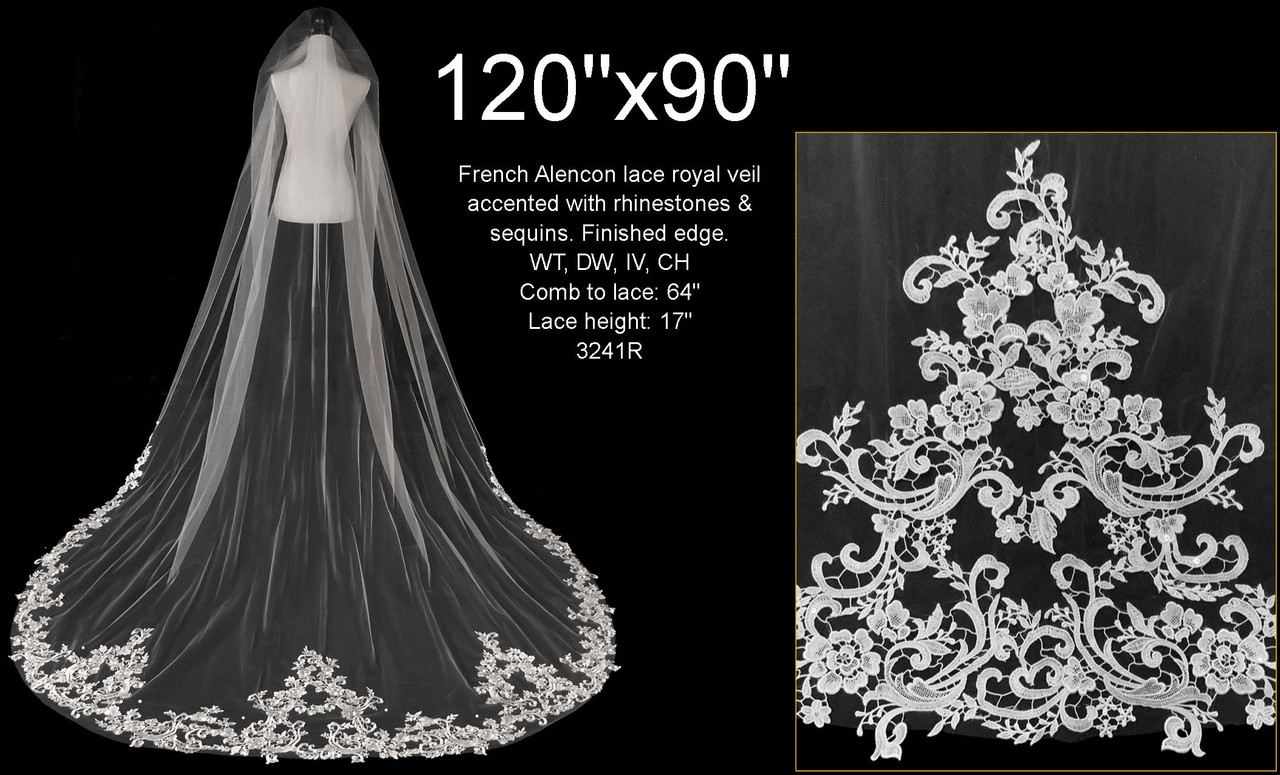 French Alencon Lace Royal Veil Accented With Rhinestones & Sequins - Rhinestones & Sequins - Fast Ship
