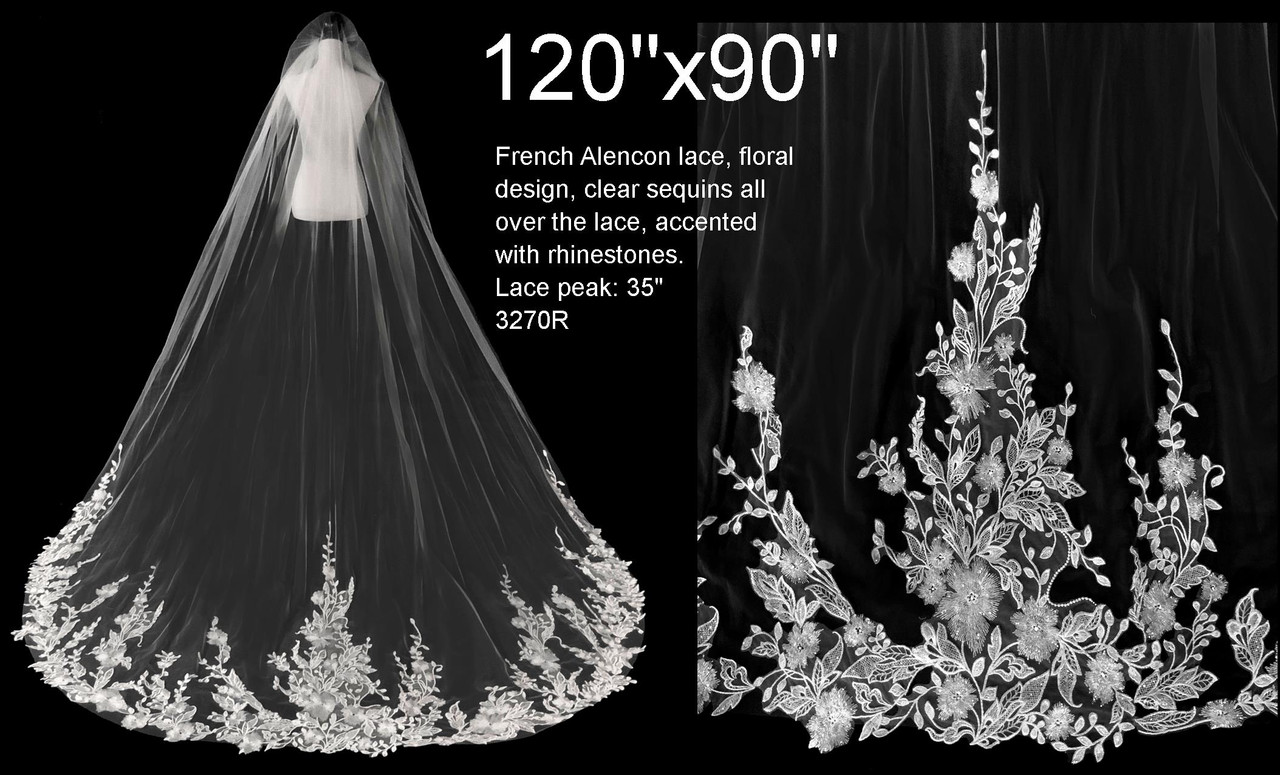 120x90 - French Alencon Lace, Floral Design - Sequins & Rhinestones - Fast Ship