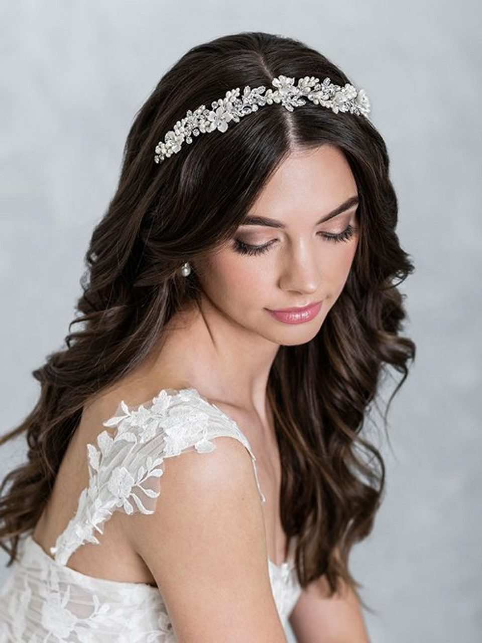 Bel Aire Bridal 2139 - Elegant Headband of Pearl Peps and Porcelain Flowers
