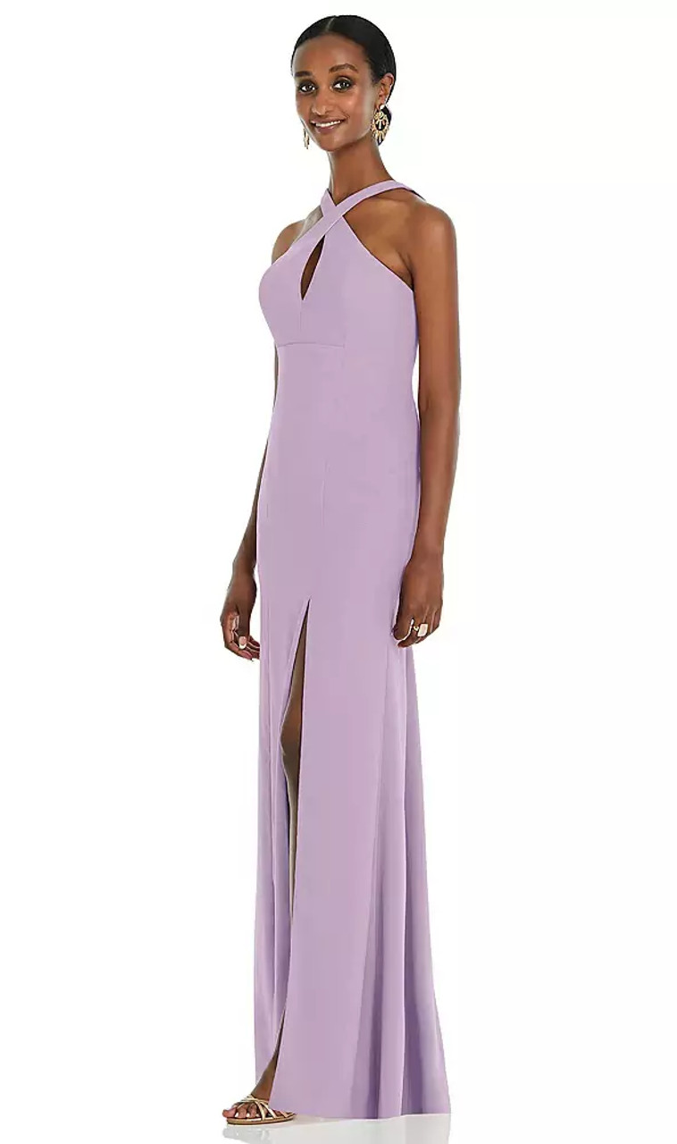 Dessy Collection Style 3093 | Crepe - Criss Cross Halter Princess Line Trumpet Gown in Pale Purple