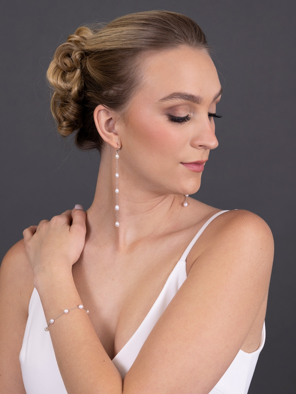 Mariell Bridals Top Selling Ivory Freshwater "Floating Pearl" Bracelet on Thin Link Chain in Platinum Plating 4673B-I-S