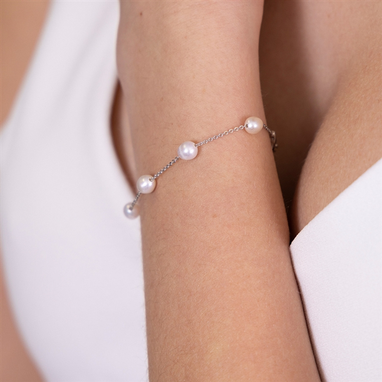 Mariell Bridals Top Selling Ivory Freshwater Floating Pearl Bracelet on  Thin Link Chain in Platinum Plating 4673B-I-S