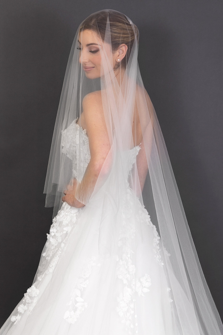 One Blushing Bride Drop Cathedral Wedding Veil with Horsehair Ribbon & Blusher Nude / Cathedral 108 inch