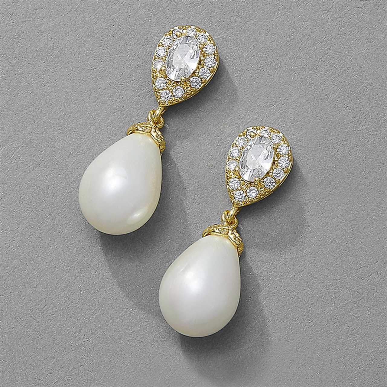 Mariell Gold Bridal Earrings with Soft Cream Pearl Drops 4154E-G