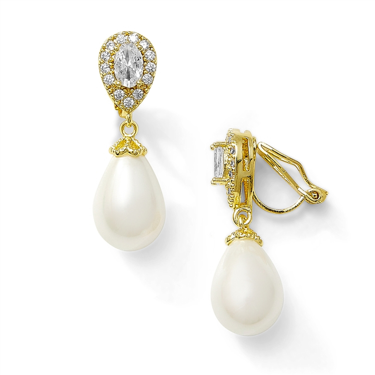 Mariell Gold Clip-On Bridal Earrings with Soft Cream Pearl Drops 4516EC-I-G