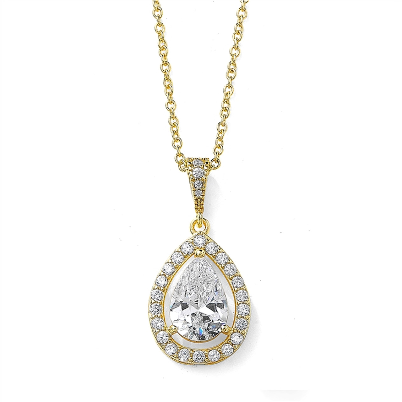 Mariell Couture Gold Cubic Zirconia Framed Pear-Shaped Bridal Necklace in Gold 4575N-G