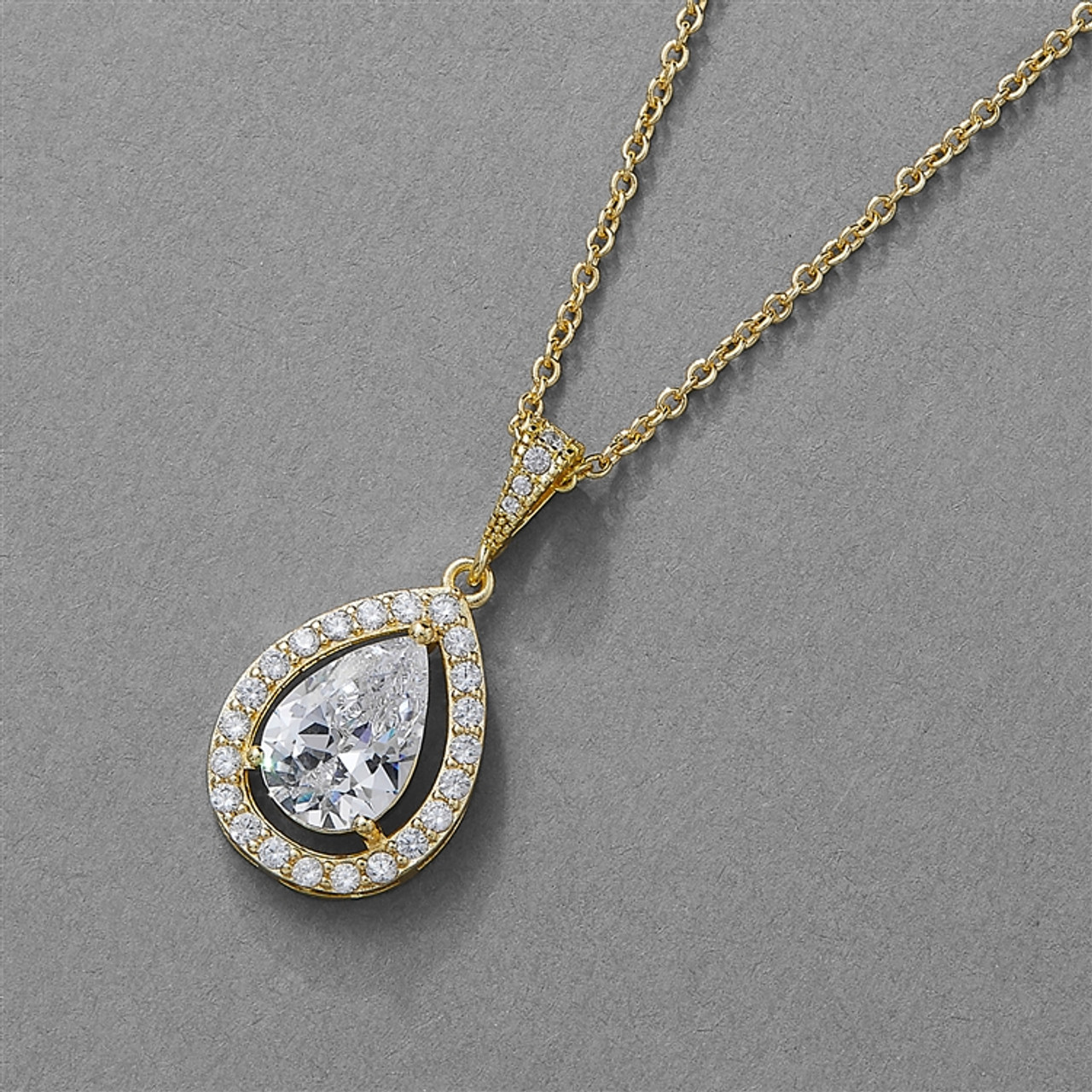 Mariell Couture Gold Cubic Zirconia Framed Pear-Shaped Bridal Necklace in Gold 4575N-G