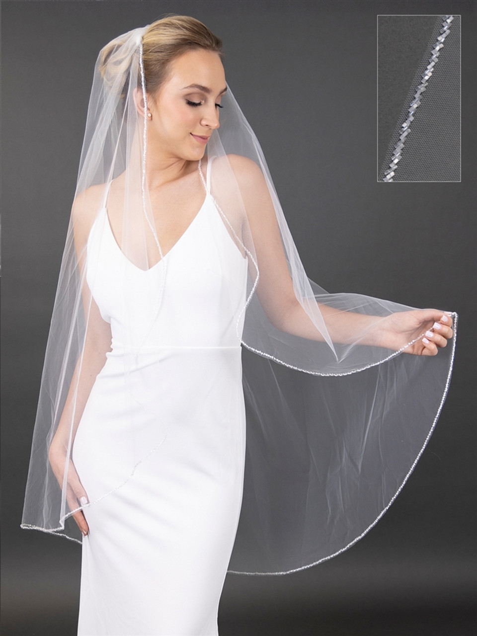 Mariell Knee Length Exquisite Beaded Ivory Wedding Veil with Opaque White Satin Bugle Beads 4676V-I-48 - 48" Inches Long