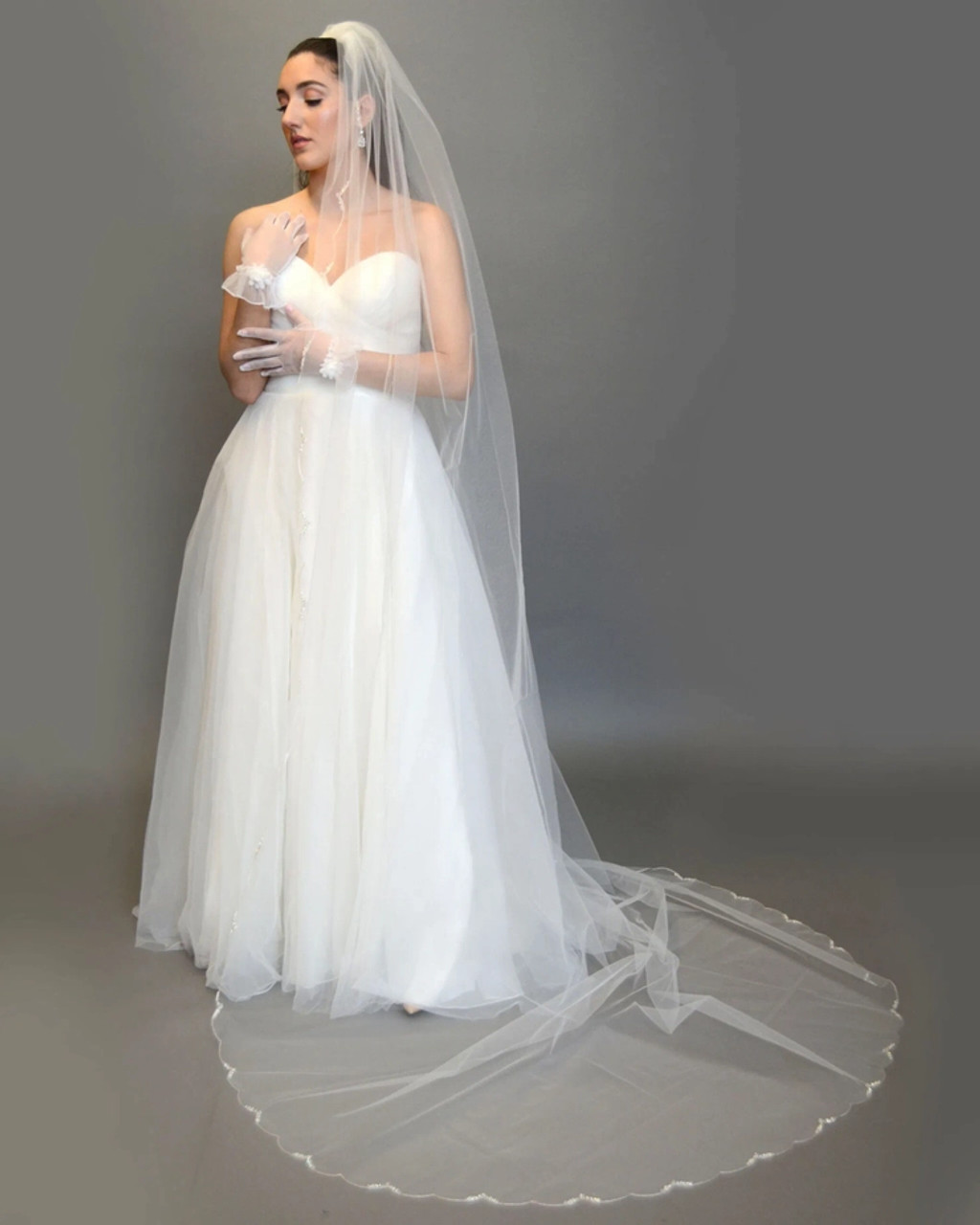 Fingertip Length Two-Tier Veil with Scallop Edge