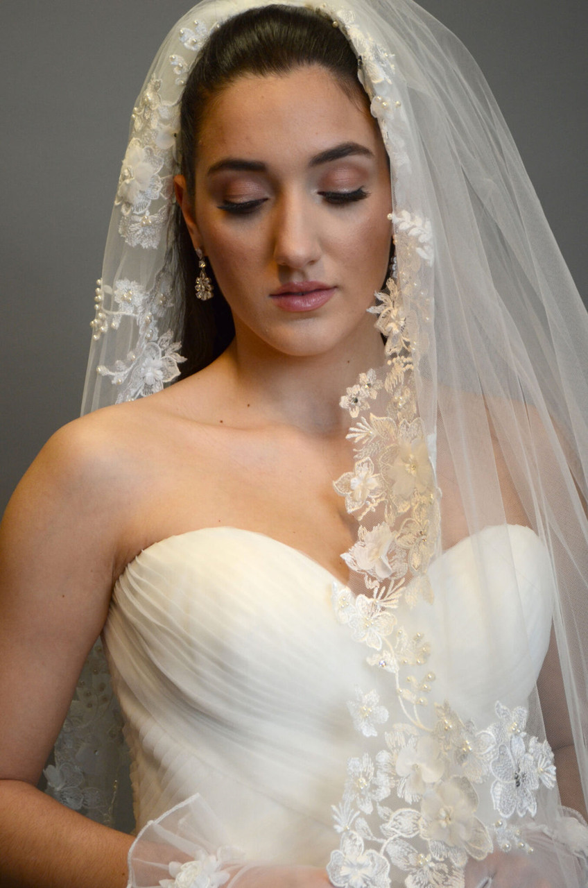 Elena Designs Bridal Veil E1356 Flower Lace and Pearl  Edge Veil - 130L or 165L