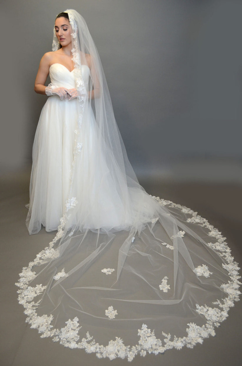 Elena Designs Bridal Veil E1356 Flower Lace and Pearl  Edge Veil - 130L or 165L